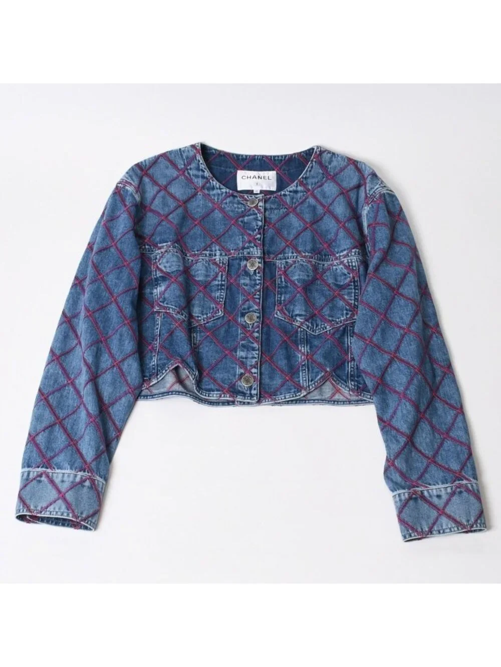 Chanel Collarless Denim Jacket CC Logo Stitch Blue